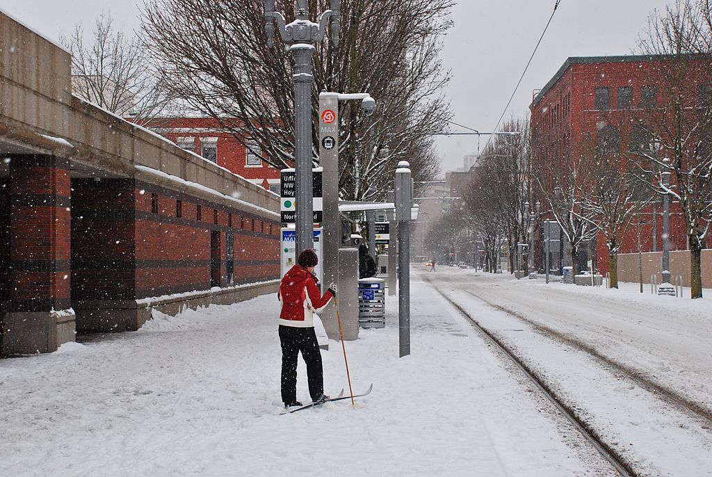 Skier in downtown Portland, Oregon, during snowstorm (Image credit: Wikimedia Commons)