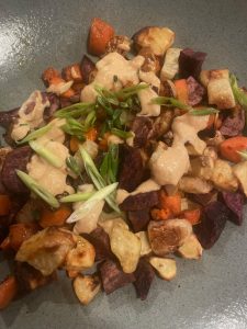 Roasted Chunky Root Vegetables with Tangy Tahini Dressing