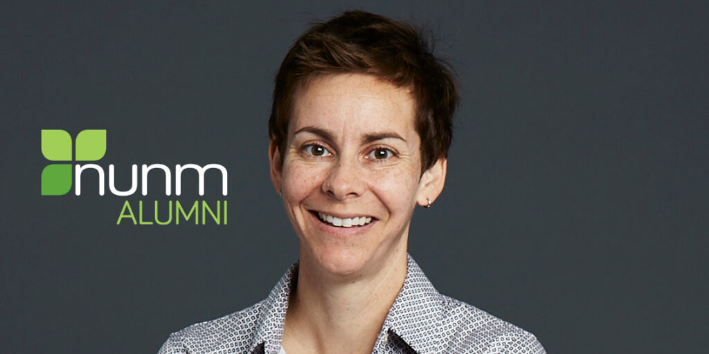 The NUNM alumni logo appears to the left of a photo showing the shoulders and head of Doctor Amanda Shallcross, who earned her Doctor of Naturopathic Medicine degree from NUNM in 2005