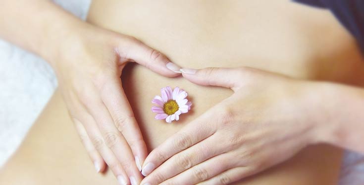 Hands holding stomach with a flower placed on the woman's belly button