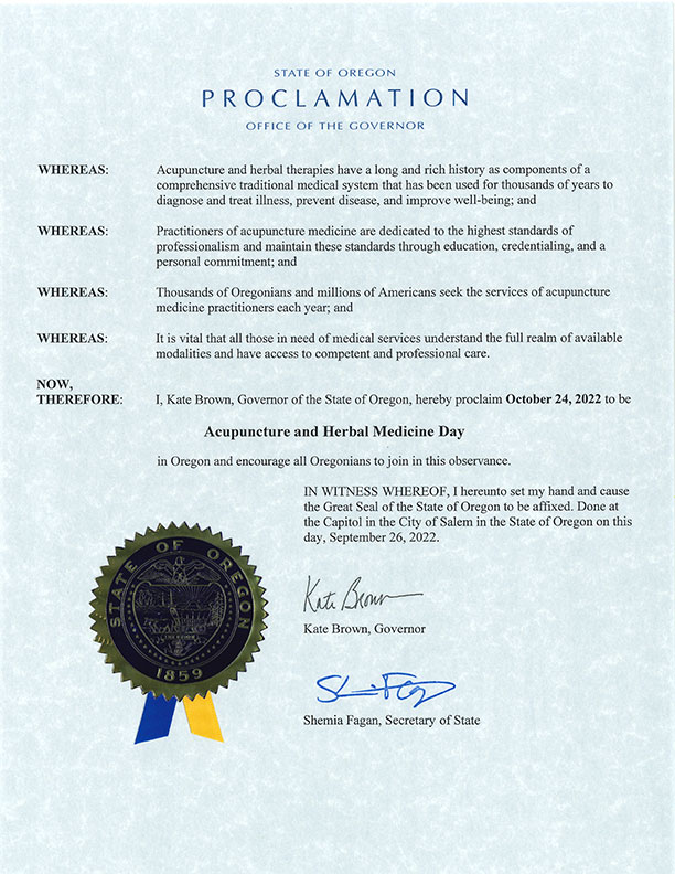 The document proclaiming October 24, 2022 to be Acupuncture and Herbal Medicine Day in the State of Oregon. 