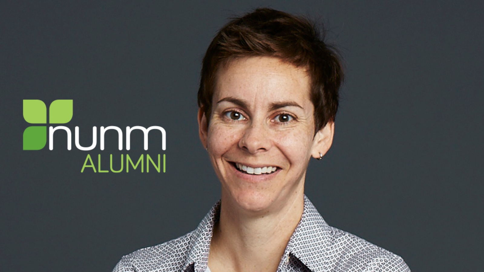 The NUNM alumni logo appears to the left of a photo showing the shoulders and head of Doctor Amanda Shallcross, who earned her Doctor of Naturopathic Medicine degree from NUNM in 2005