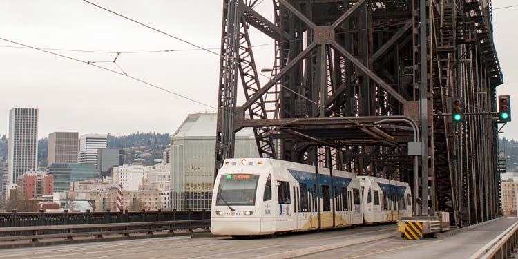 Max train going across bridge in Portland, Oregon